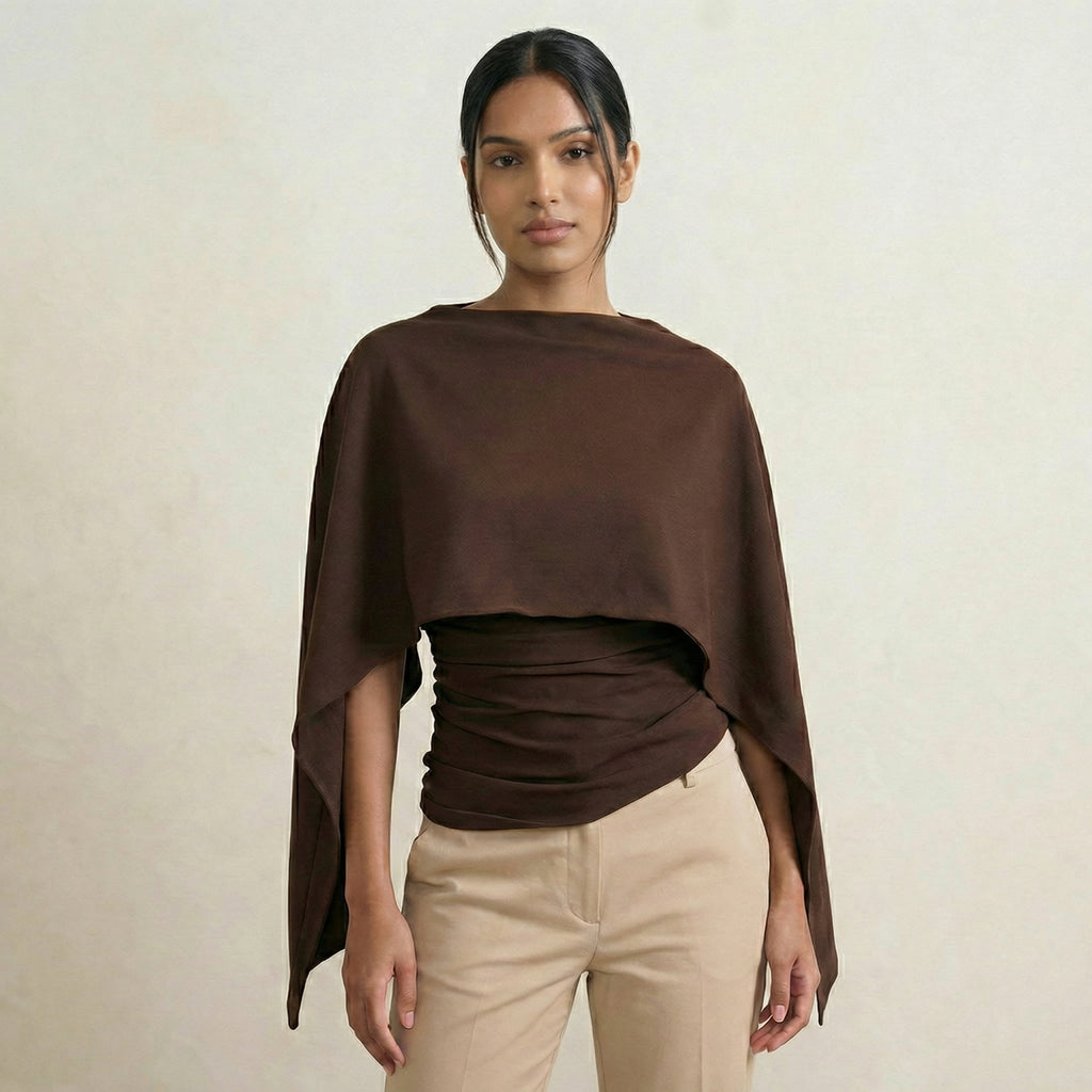 Dark Chocolate Ruched Long Top With Cape