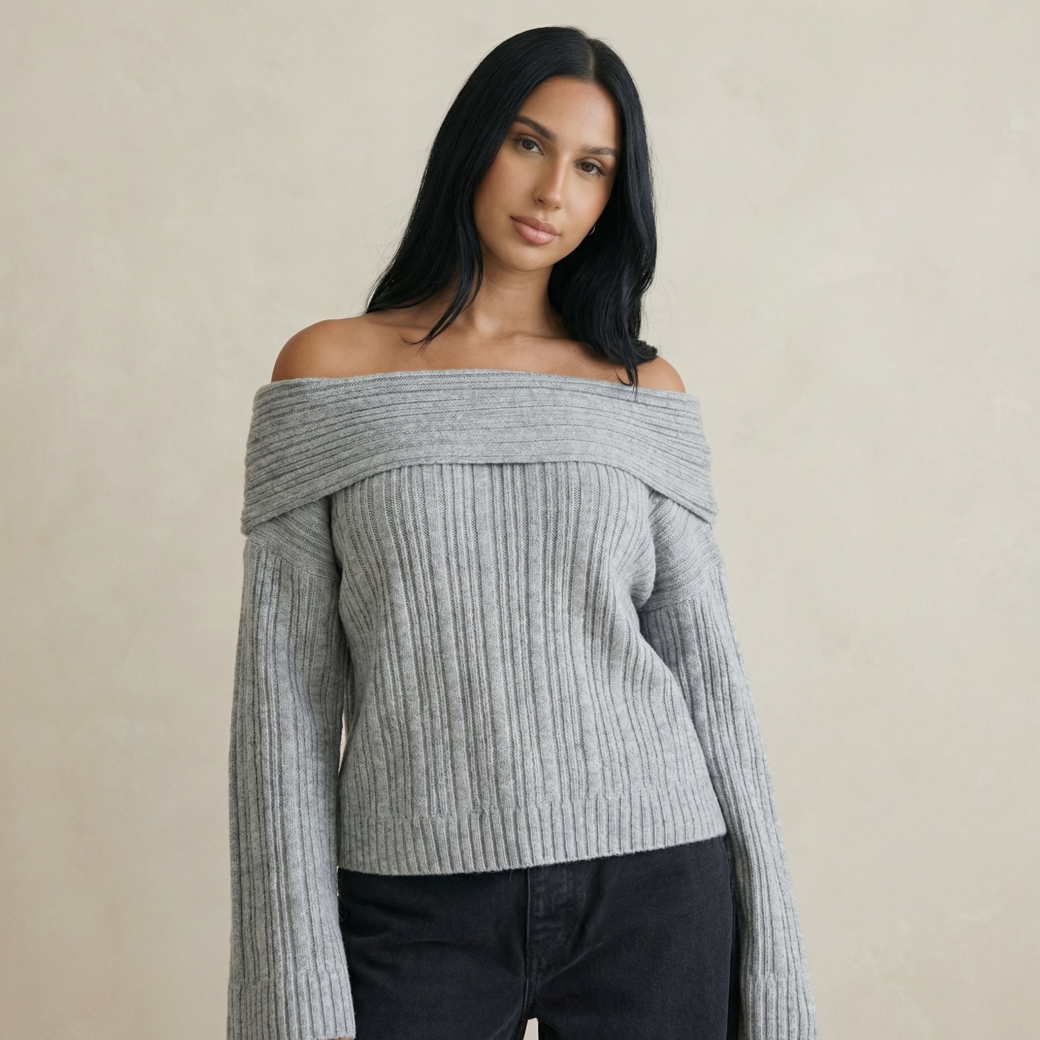 Grey Off-Shoulder Knit Jumper