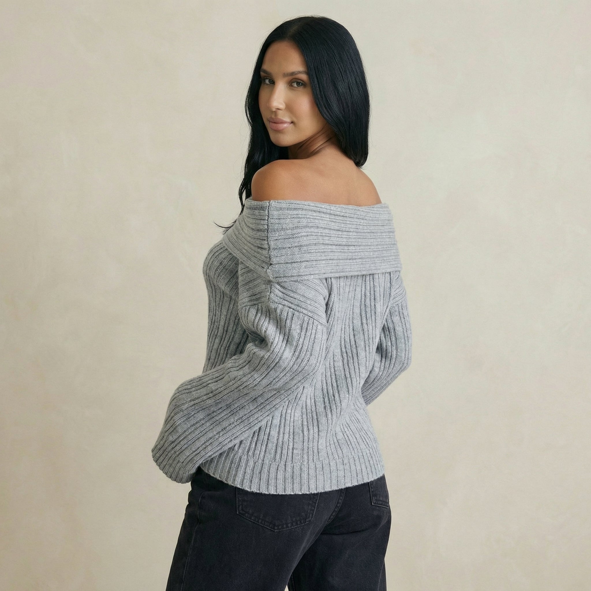 Grey Off-Shoulder Knit Jumper