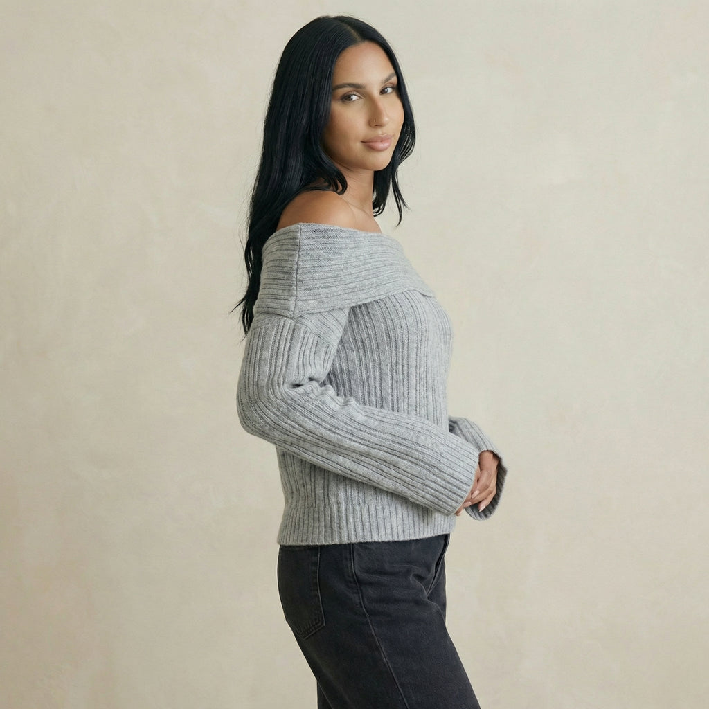 Grey Off-Shoulder Knit Jumper