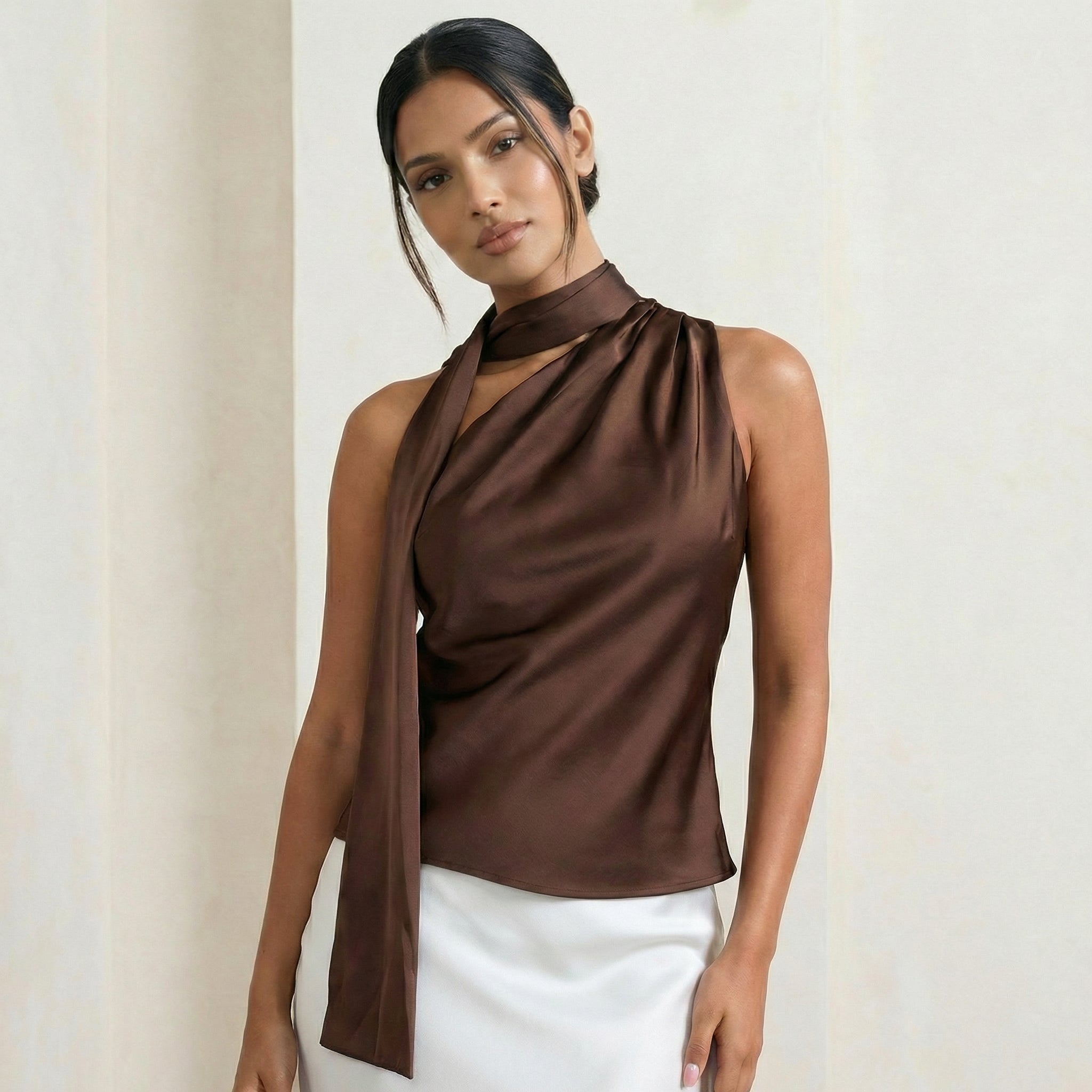 Chocolate Satin Top with Asymmetric Scarf Detail