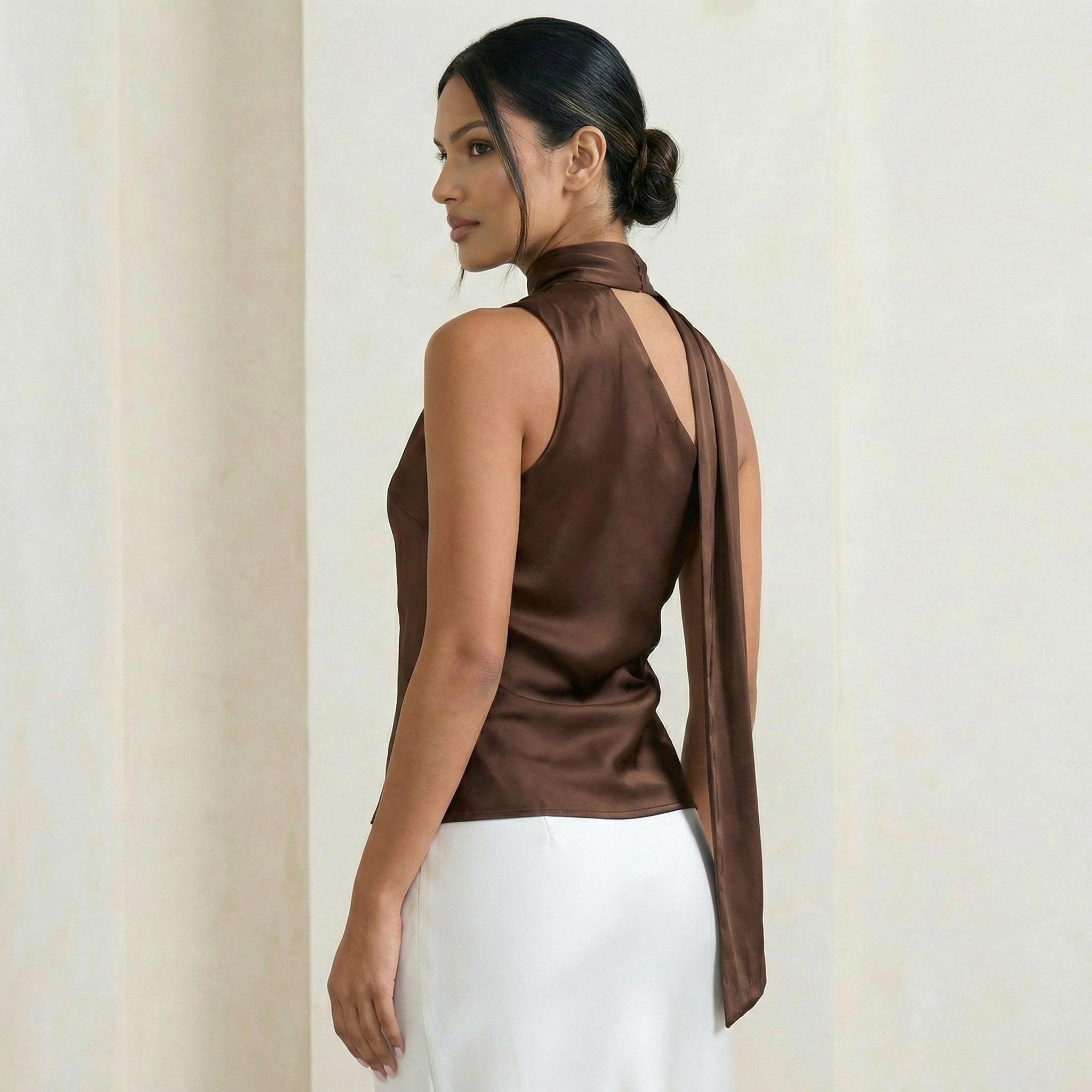 Chocolate Satin Top with Asymmetric Scarf Detail
