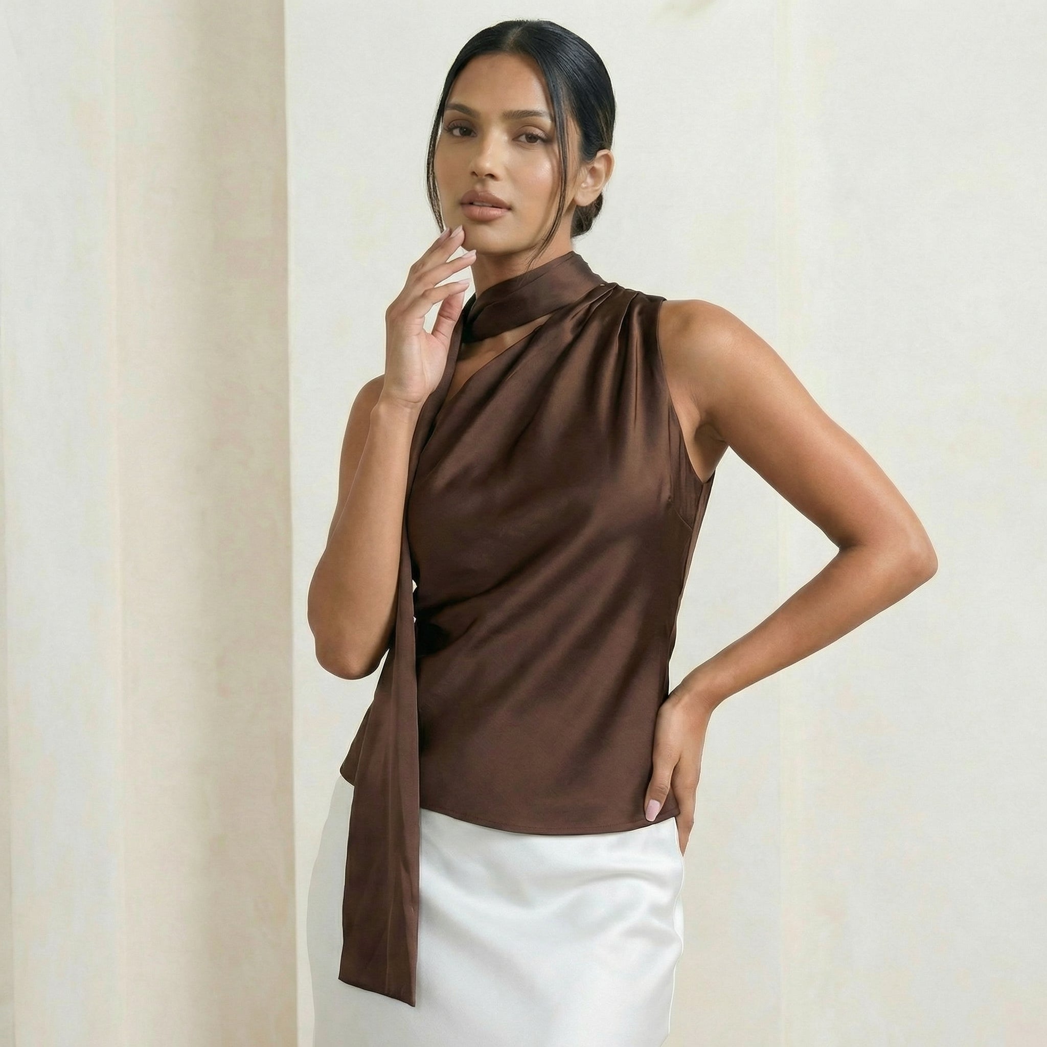 Chocolate Satin Top with Asymmetric Scarf Detail