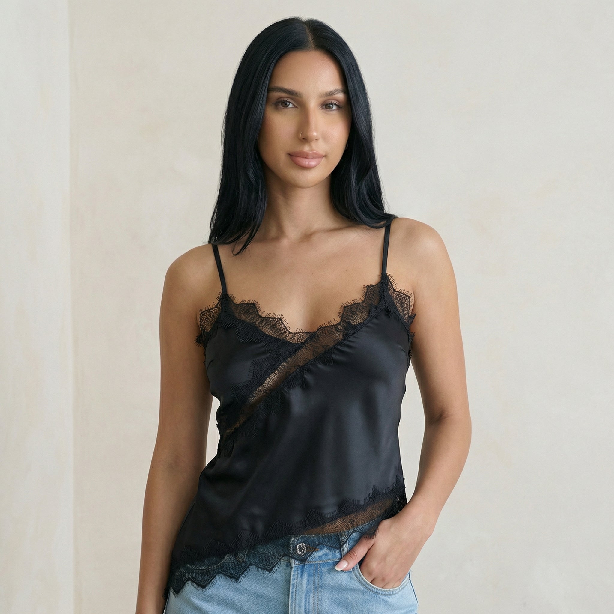 Black Satin Asymmetric Lace Cami