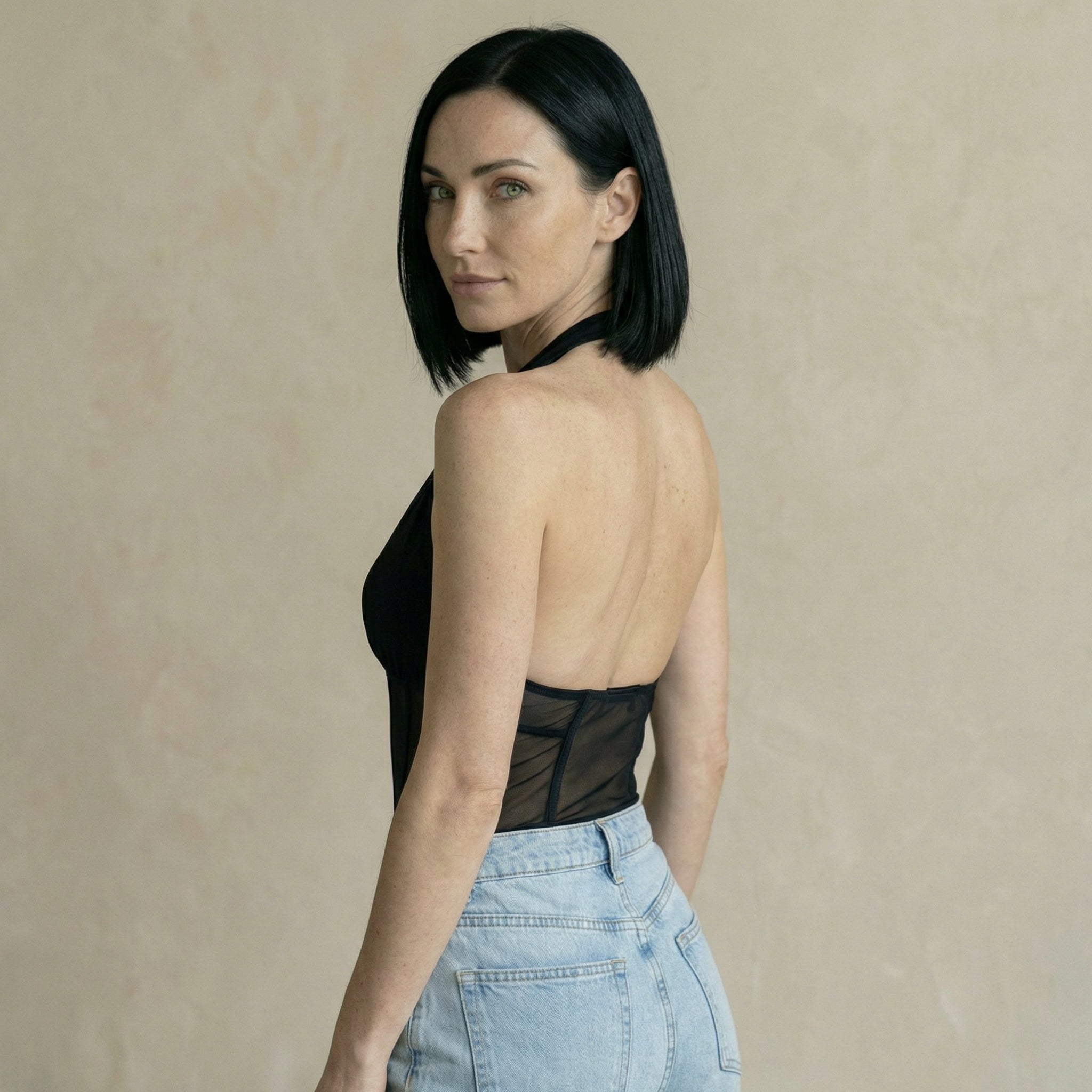 Black Halterneck Corset Top with Plunge