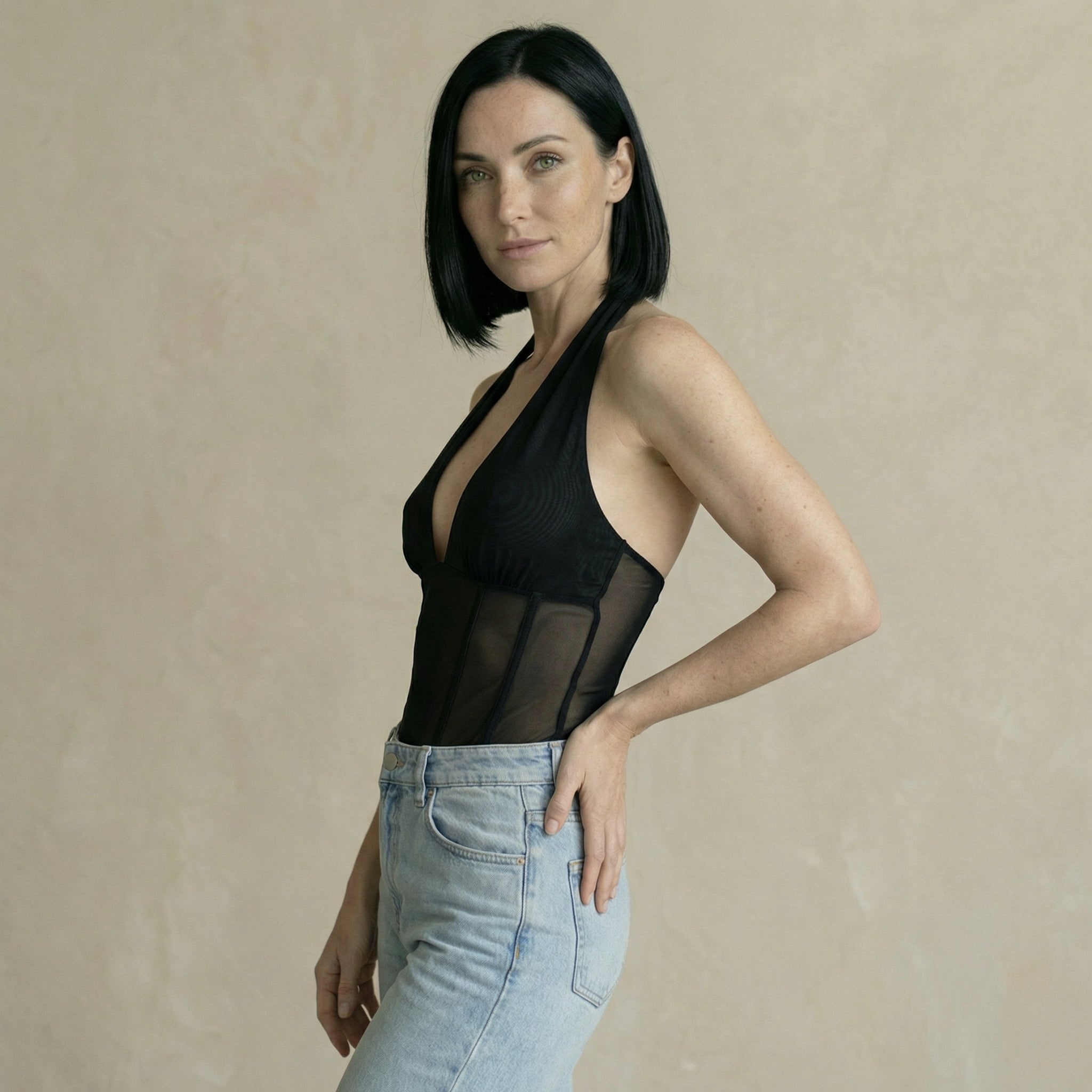 Black Halterneck Corset Top with Plunge