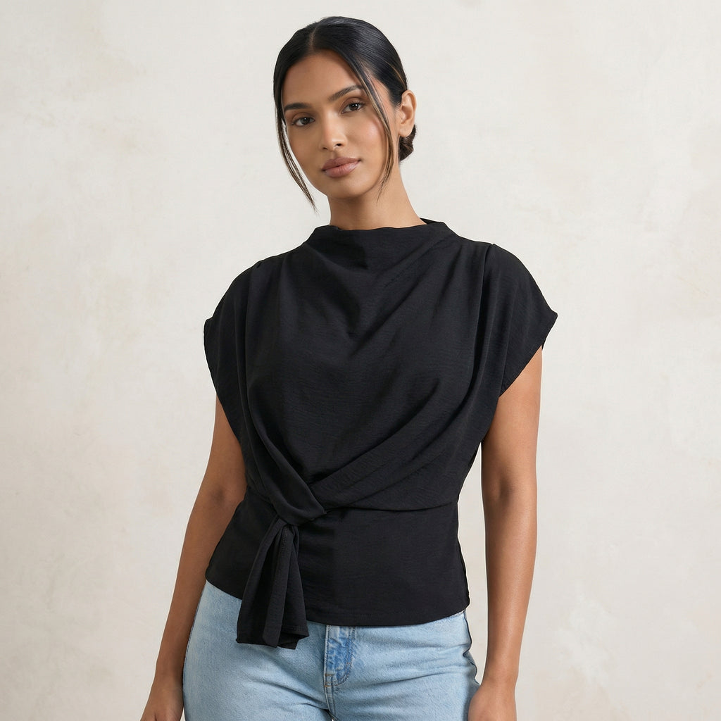 Blouse with Knot-Detail Cowl Neck