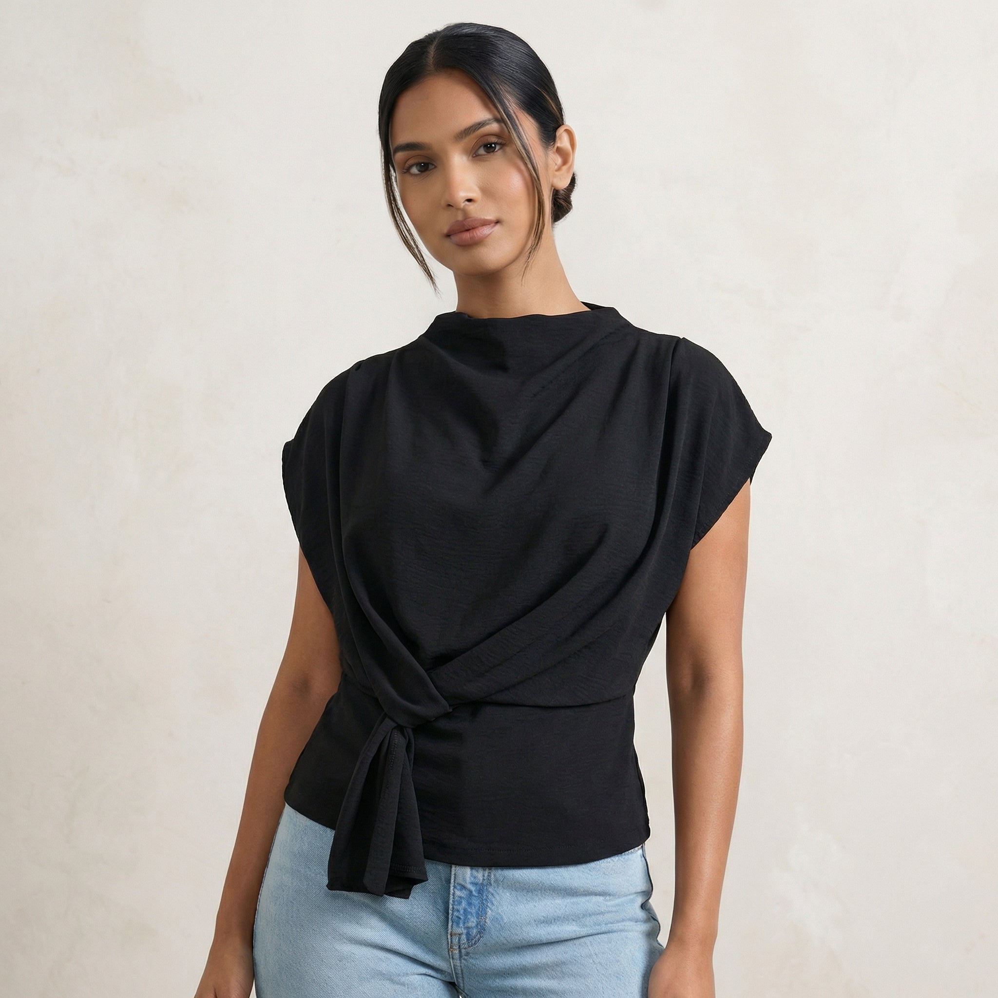 Blouse with Knot-Detail Cowl Neck