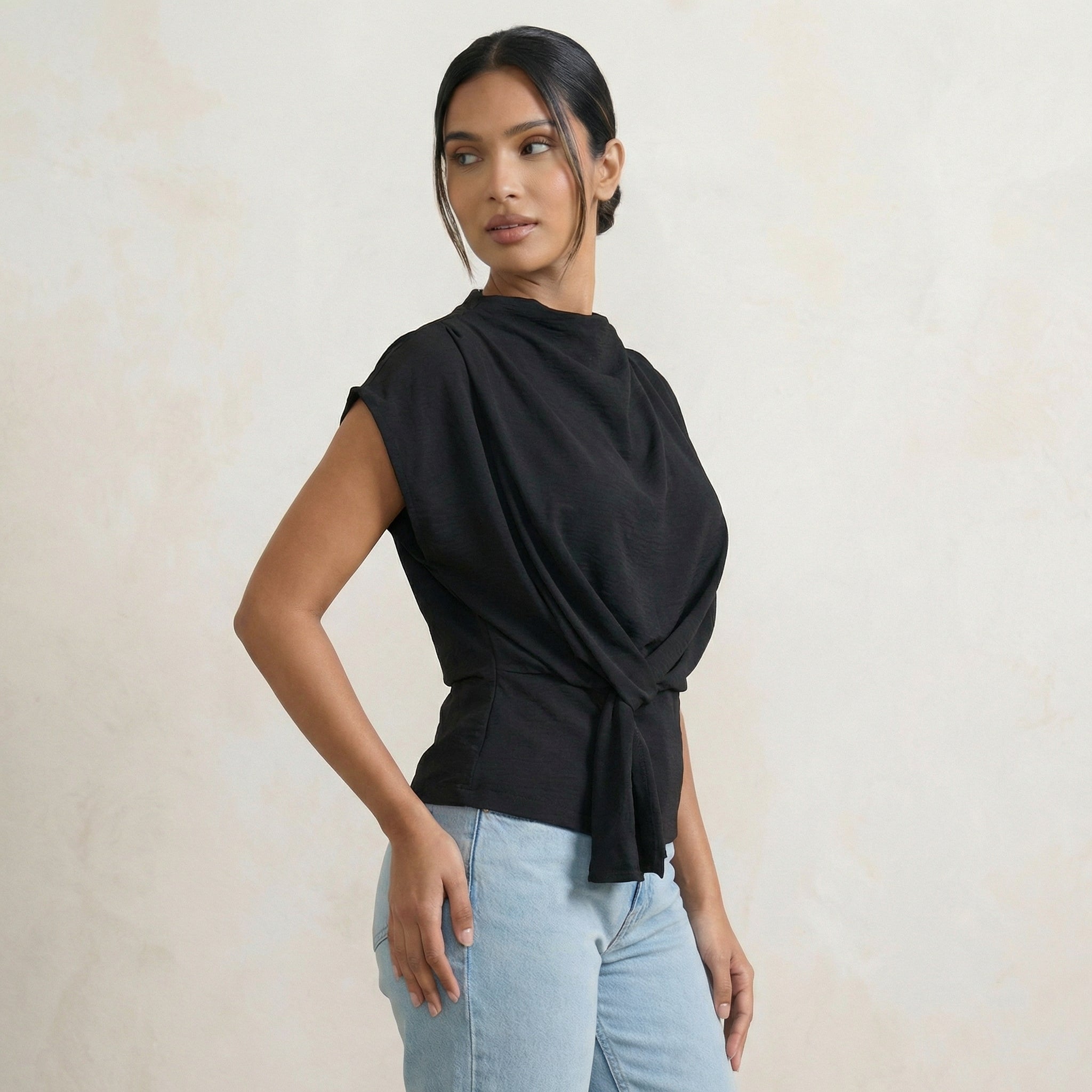 Blouse with Knot-Detail Cowl Neck