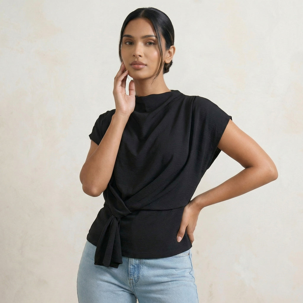 Blouse with Knot-Detail Cowl Neck