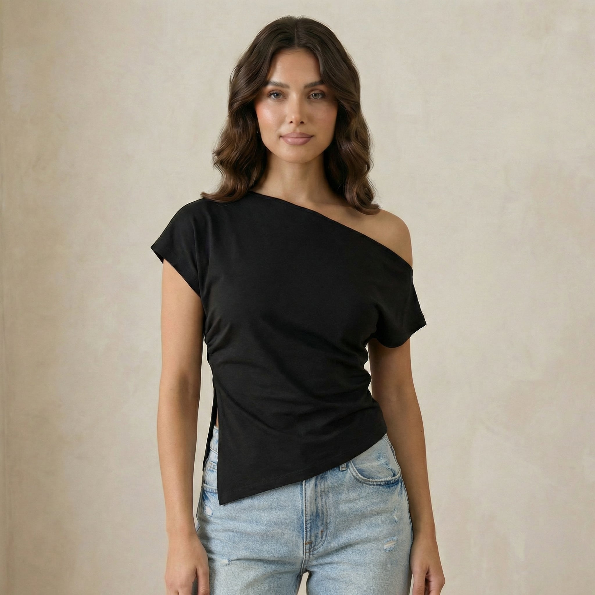 Black Asymmetric Slash-Neck Tee
